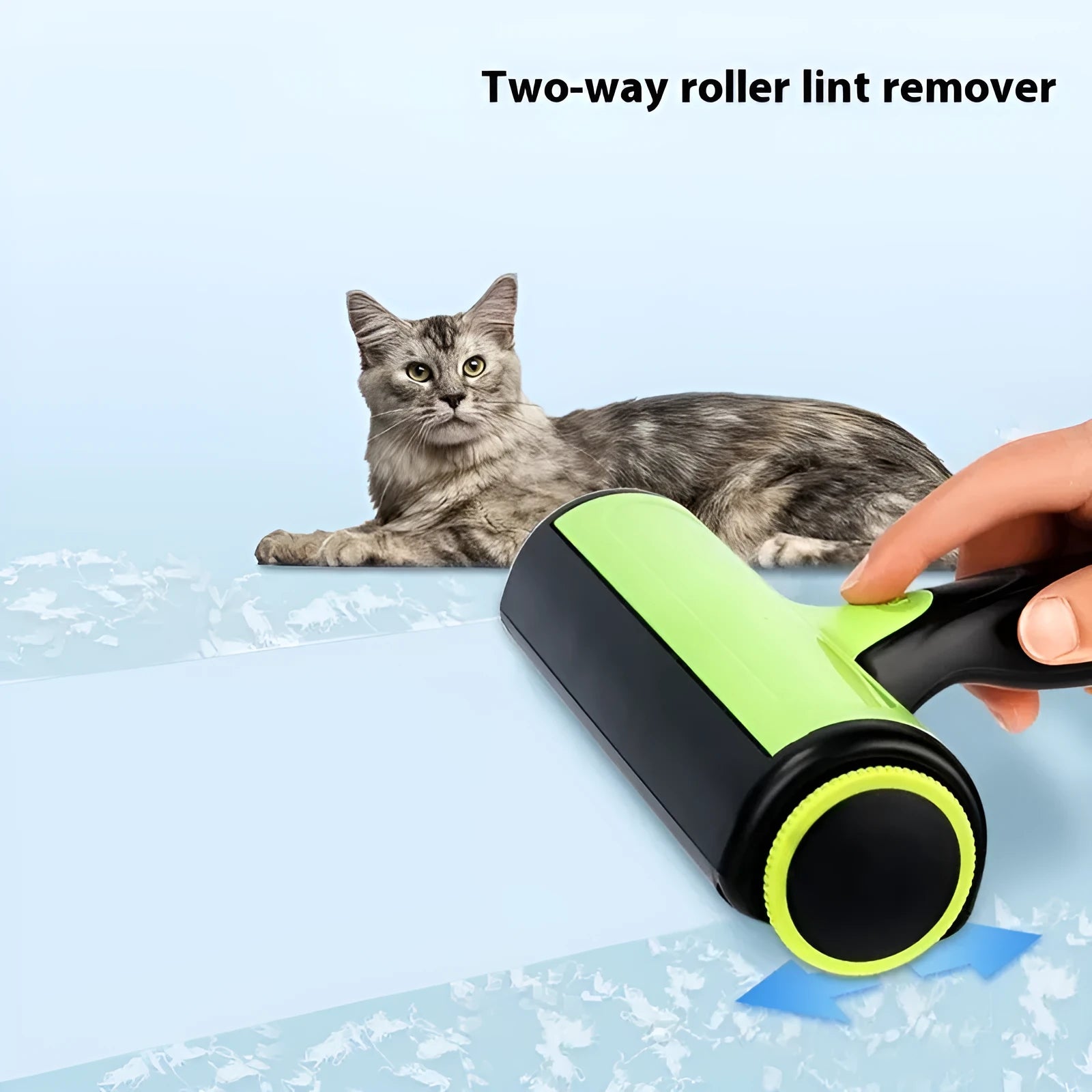 Automatic pet hair lint roller with rotating brush head in green colour.