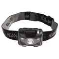 Black outdoor LED headlamp with white and red lights on an adjustable headband.