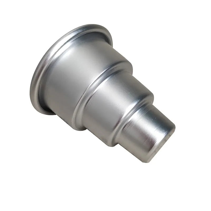 Set of three silver aluminium alloy round cake moulds in large, medium, and small sizes.
