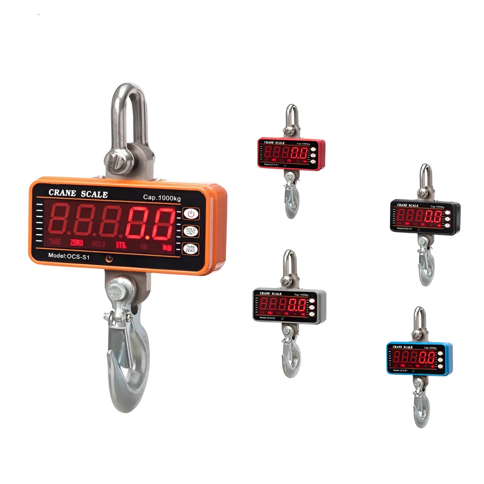 Orange electronic crane scale with digital display showing weight measurement up to 500kg capacity