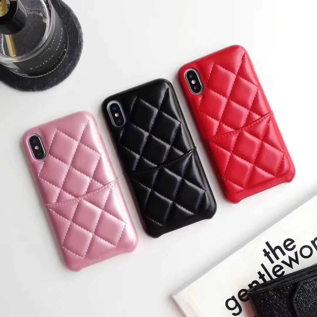 Leather iPhone case shown in black, pink, and red, compatible with XS Max, XR, X, 8, 7, and 6 models.