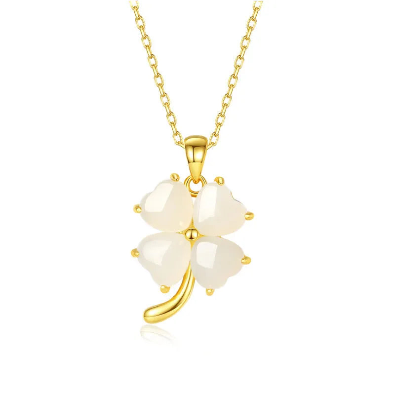 Four-leaf clover necklace with Hetian jade pendant on a 925 sterling silver O-shaped chain, 41-50cm, gold or white gold colour