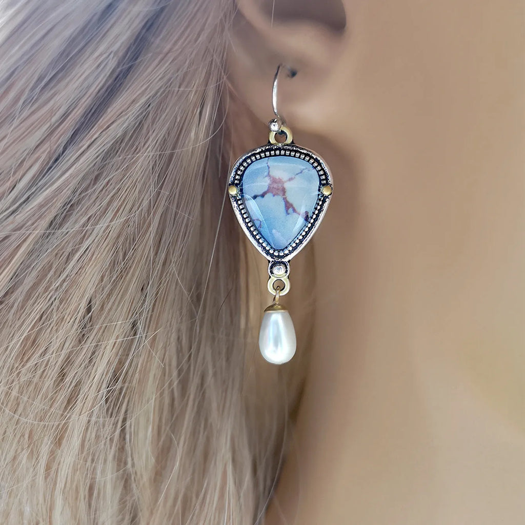 Women's retro blue drop earrings with geometric design featuring synthetic opal and pearl on electroplated metal