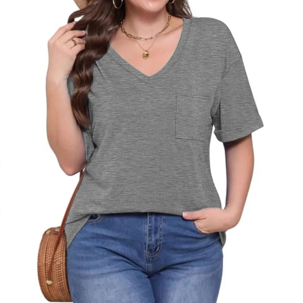 Grey men's loose V-neck t-shirt with a chest pocket on a solid background.