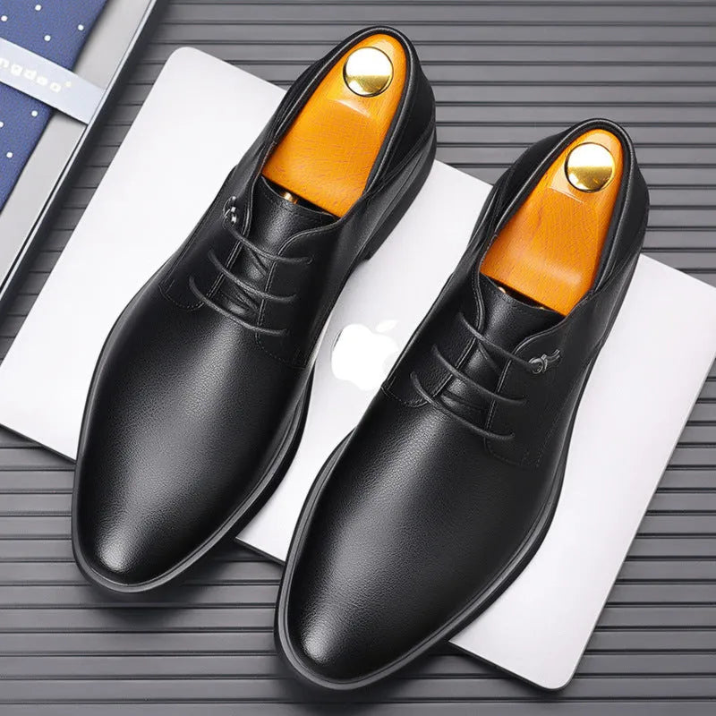 Men's pointed toe dress shoes in black or white with cow split leather upper, rubber sole, and low 1-3cm heel, sizes 38-44