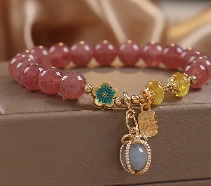 Red strawberry quartz beaded bracelet with alloy metal and rhinestone detailing for women's jewellery