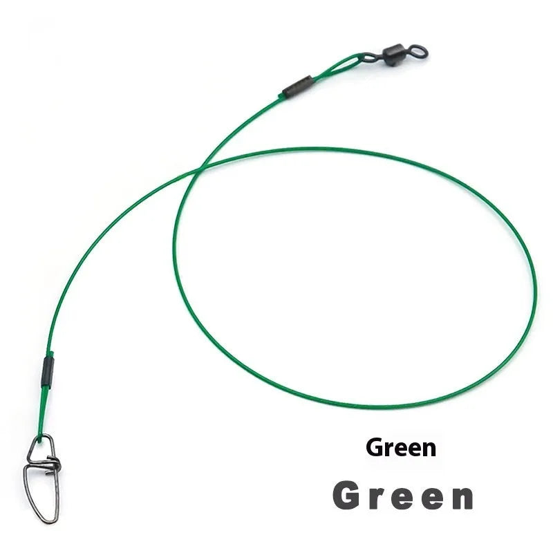 Set of ten green anti-bite steel wire fishing leaders with double buckle pins, each 54cm long.