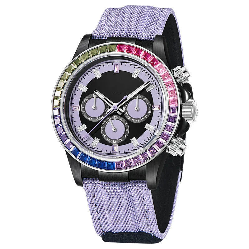 Men's fully automatic mechanical watch with stainless steel case, 40mm dial, and blue, purple, or yellow colour option.