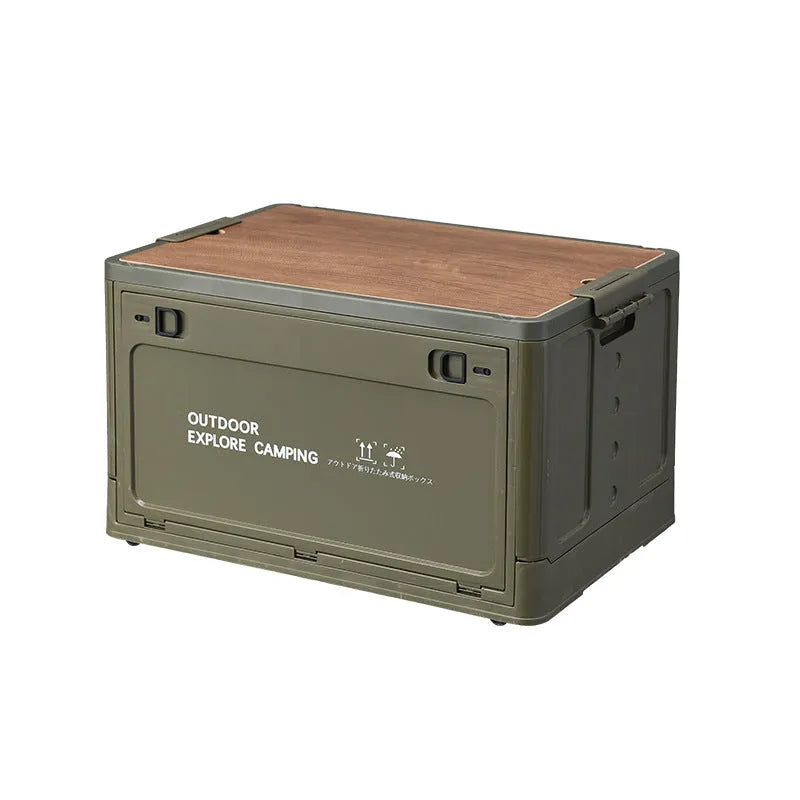 Large white foldable plastic storage box with wooden lid showing 45L capacity for household organisation