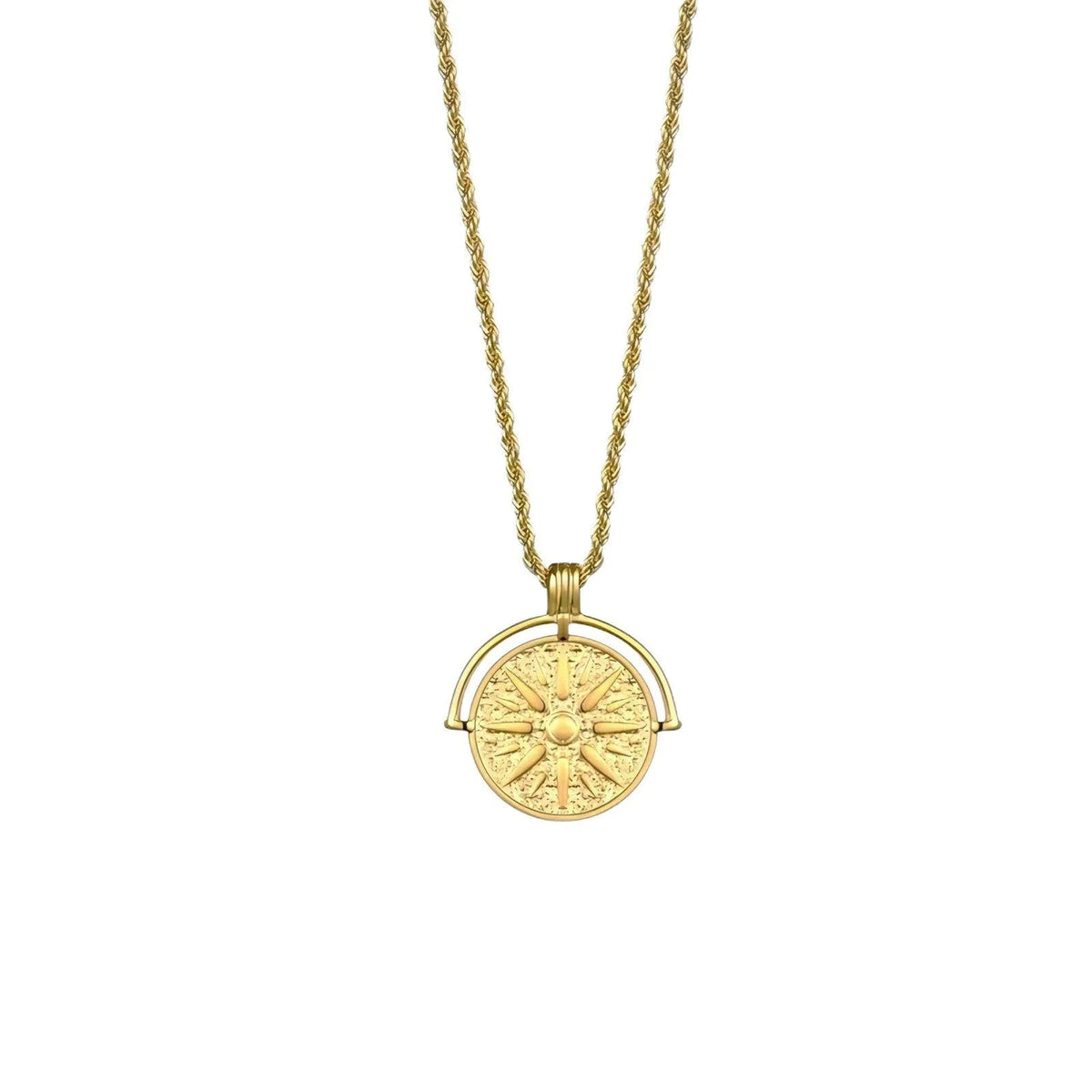 Titanium steel sunflower necklace with embossed geometric pendant on hemp flowers chain in gold colour
