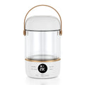 Compact white electric stew cooker with glass pot and digital display, shown with spoon.