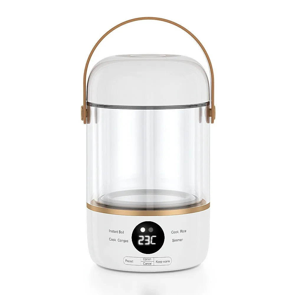 Compact white electric stew cooker with glass pot and digital display, shown with spoon.