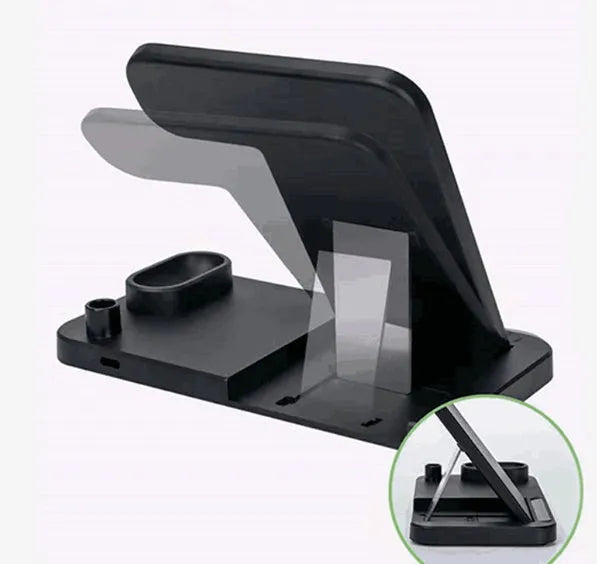 4-in-1 wireless charging station showing phone, Apple Watch, AirPods and Apple Pencil charging simultaneously