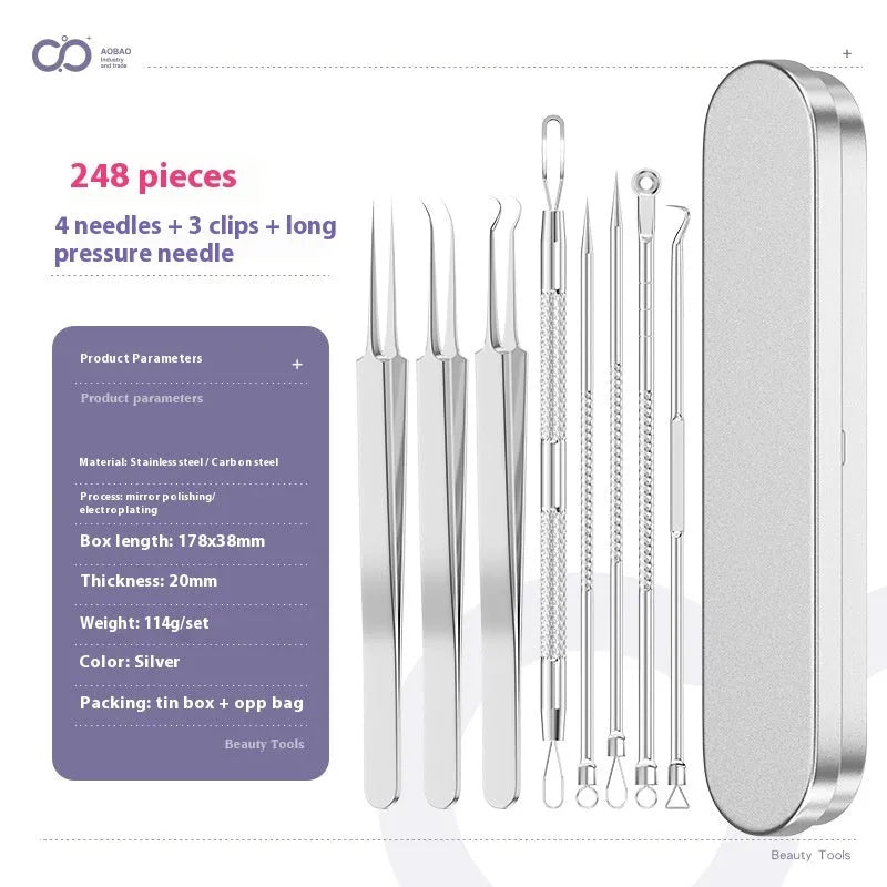 Four silver metal acne needles and a handling clip laid out on a clean surface.