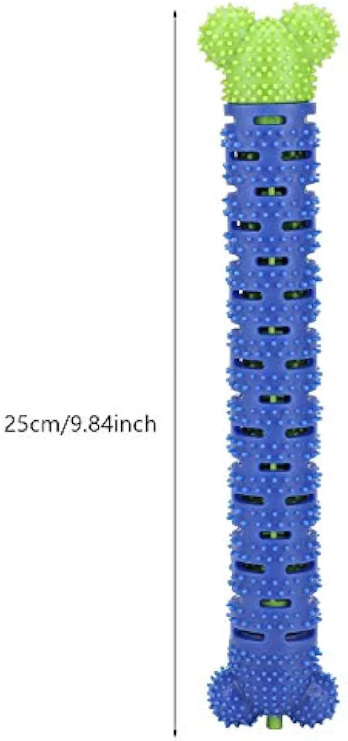 Blue silicone dog molar tooth cleaner stick with serrated brush head and treat crevice for dental care