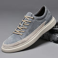 Men's grey casual leather skate shoes with round toe and lace-up front on a rubber sole.