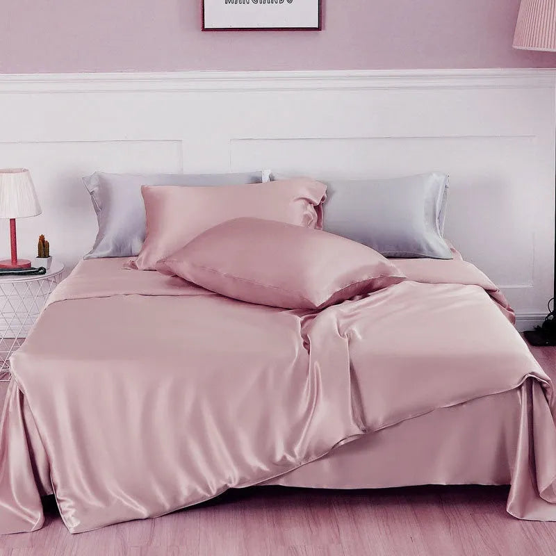 Double-sided solid colour silk duvet cover in Lotus Pink, pea green, bright brown, mysterious purple, white or silver blue.