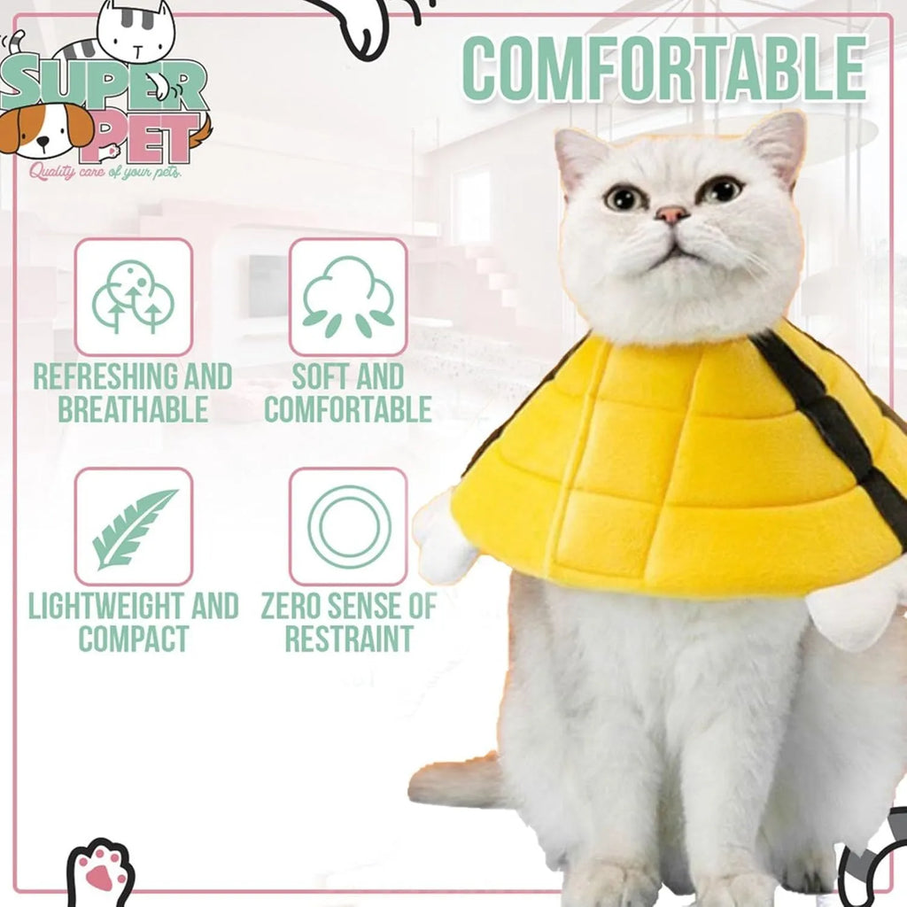 Soft fabric cat recovery collar with black and yellow bee design and white adjustable Velcro strap.