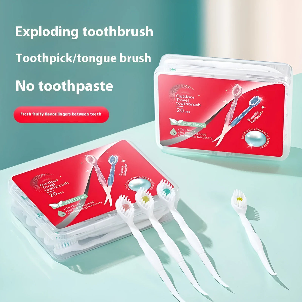 Box of disposable bead toothbrushes with integrated toothpaste beads for travel and portable oral care.