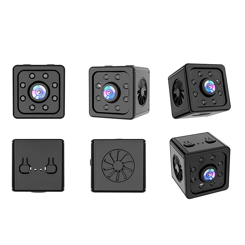 Black cube-shaped network security camera with mounting bracket on side