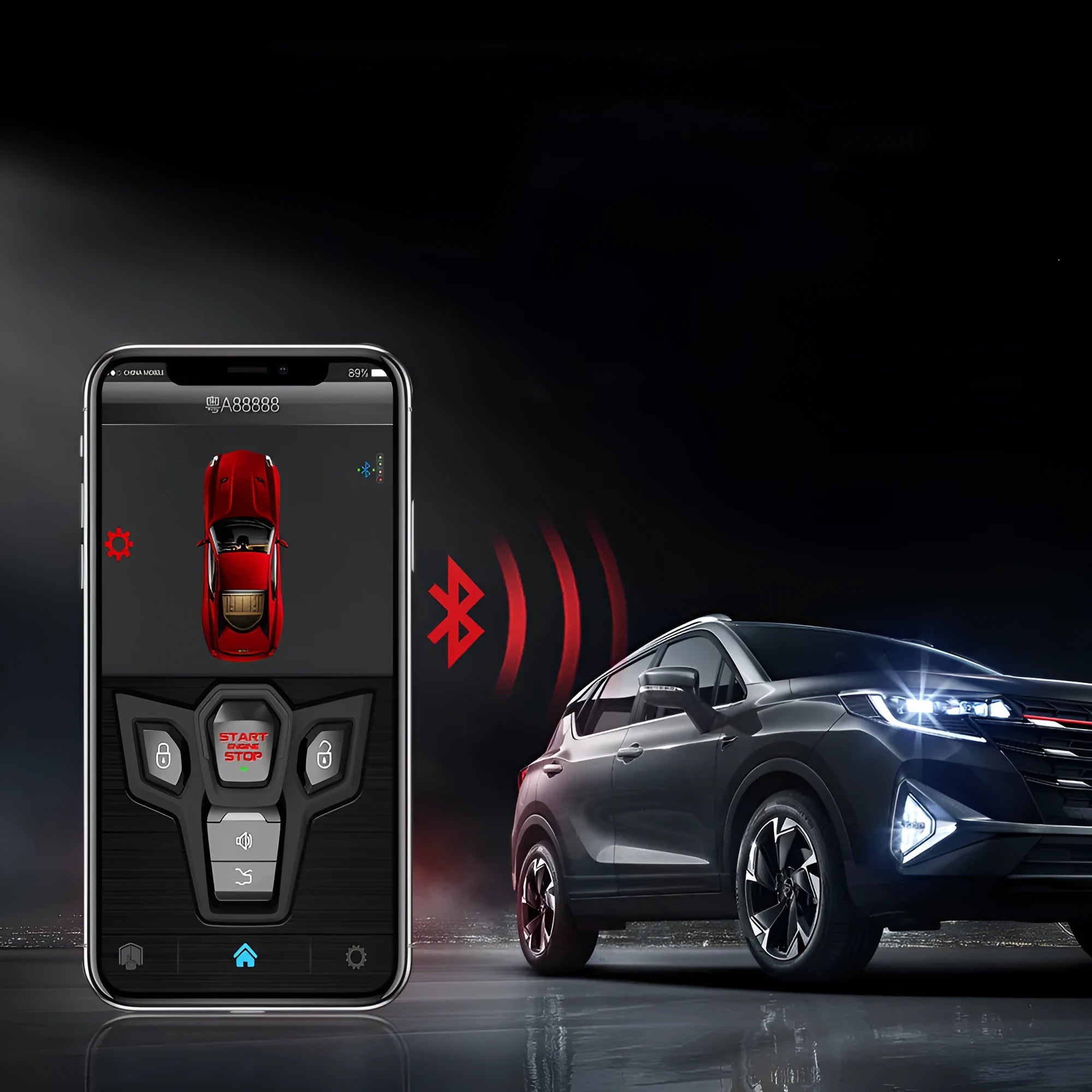Red and frosted black one-way car alarm system with two remote controls for 3000m range vehicle security