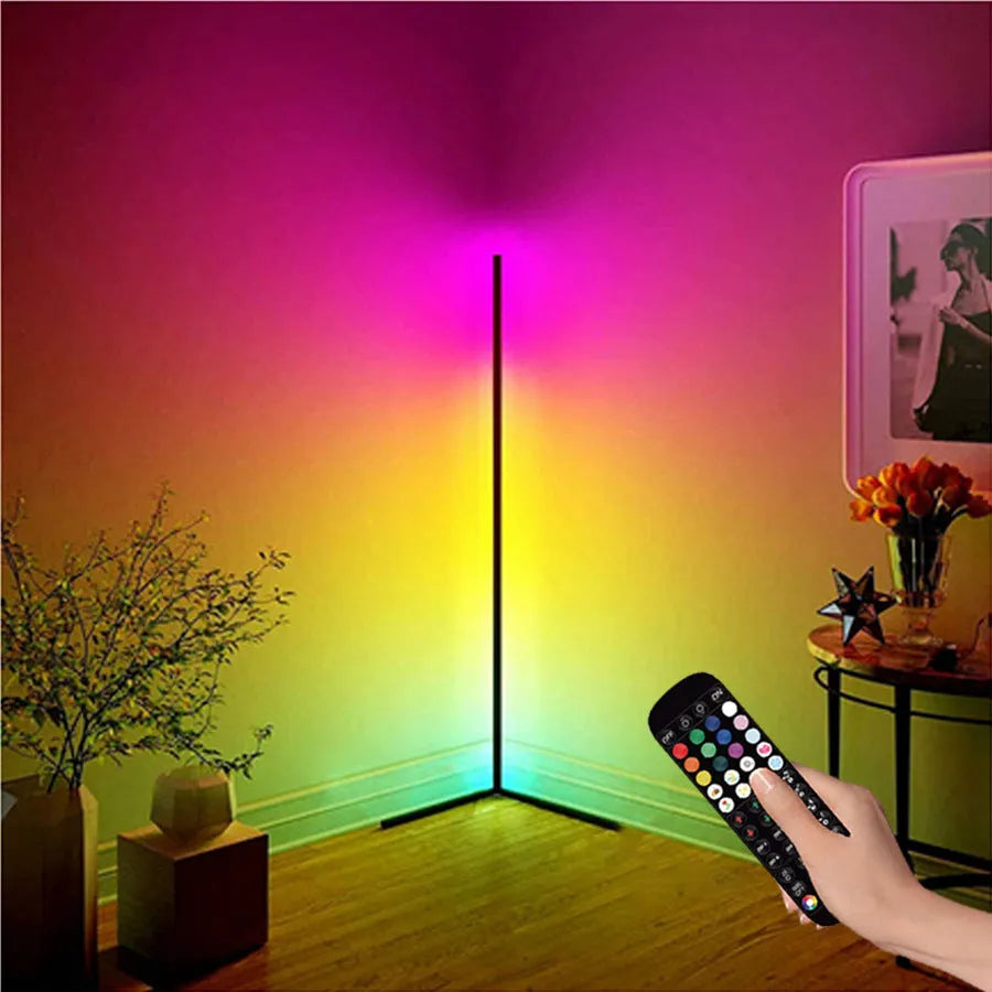 Black smart RGB floor lamp with remote control for bedroom atmospheric lighting