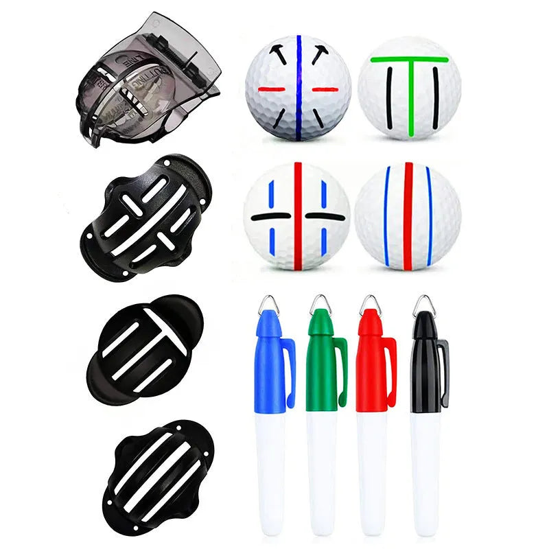 Golf putting alignment tool with 4 scribers and drawing pen on practice green