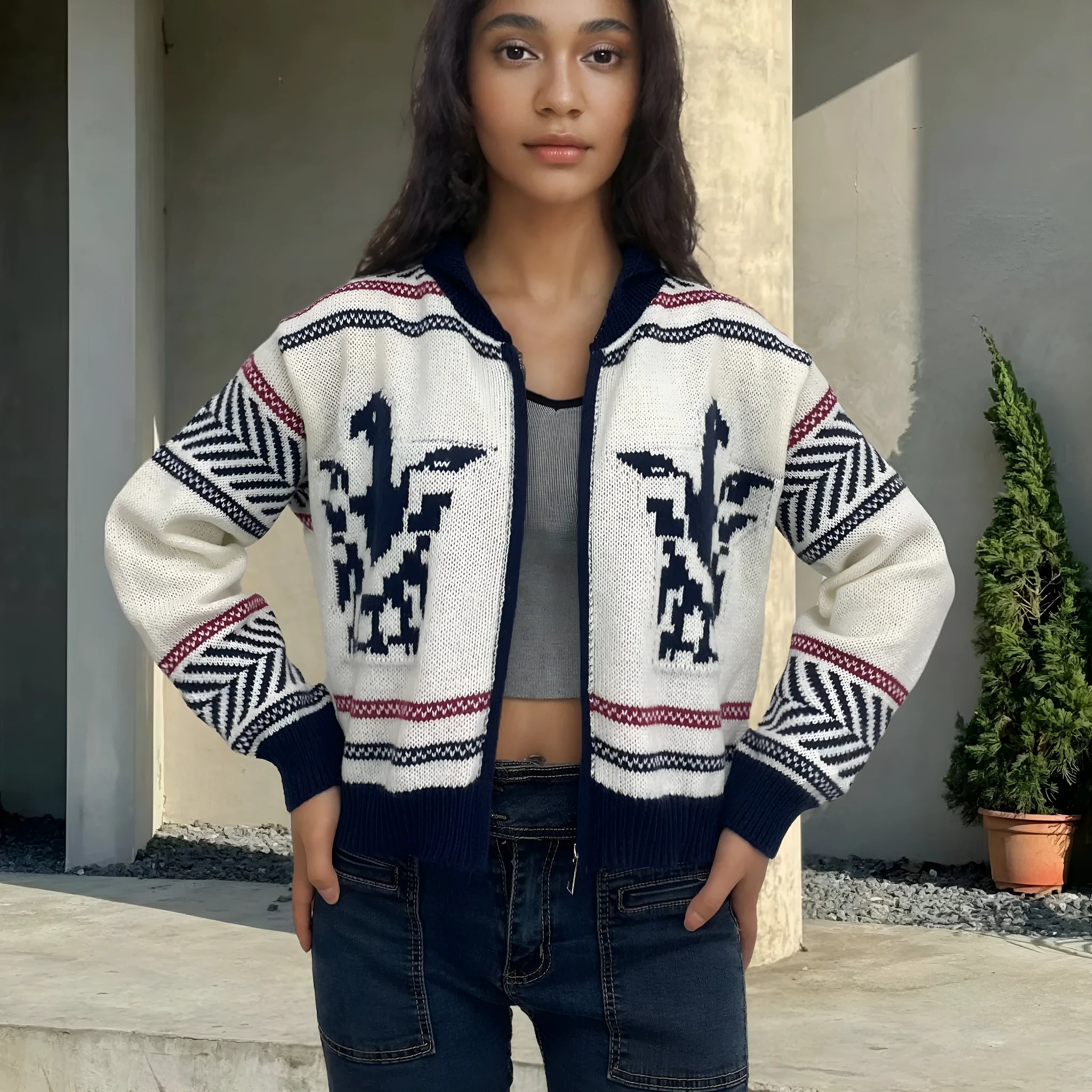 White women's zipper cardigan with contrast jacquard stripe pattern and lapel collar