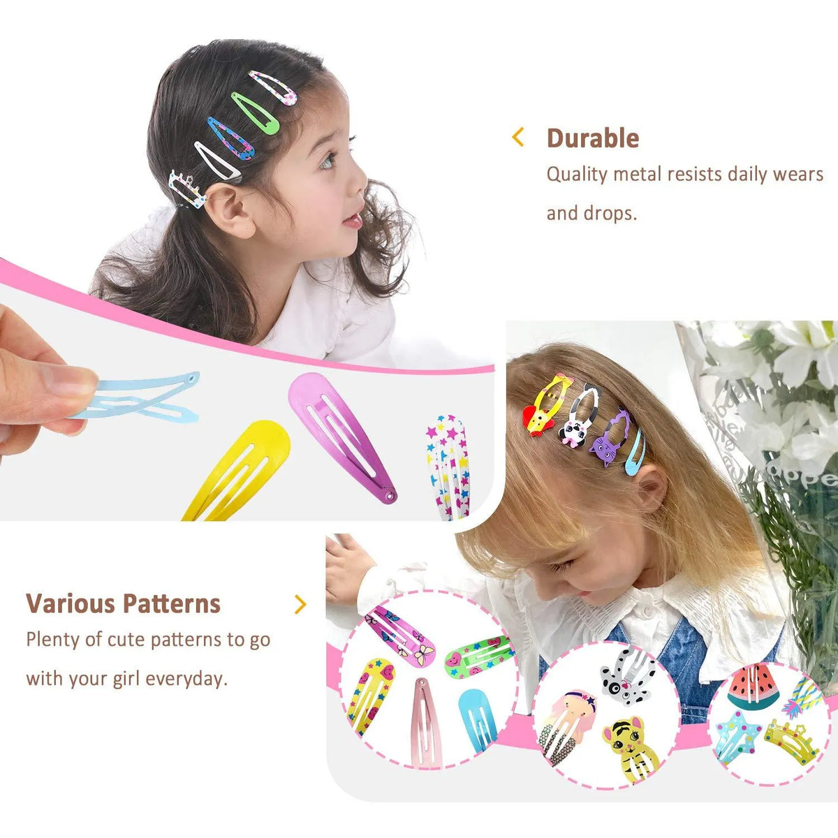Assortment of 100 metal snap hair clips in candy colours showing animal, fruit, crown, star, and drop shapes.
