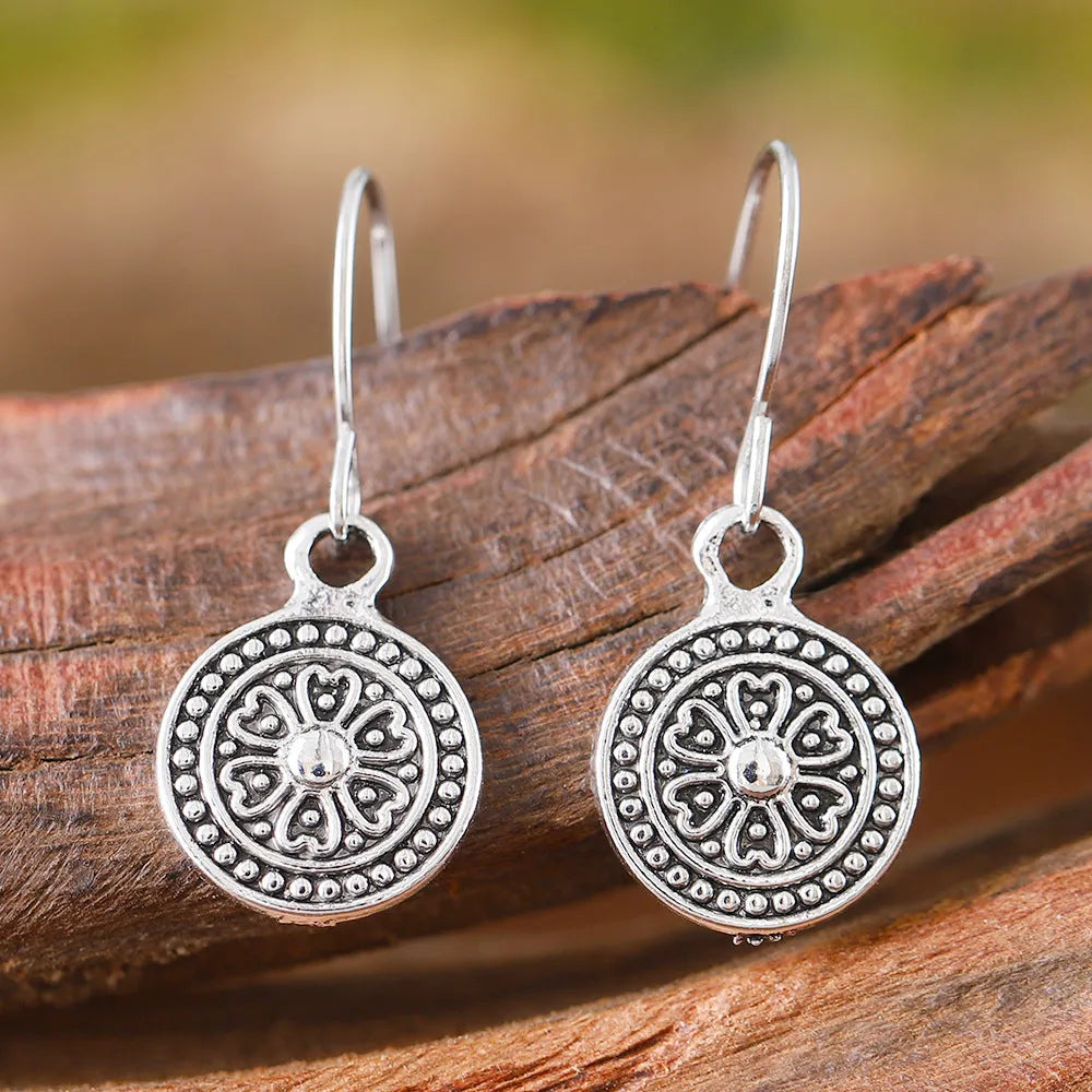 Geometric zinc alloy earrings with distressed ethnic prints in bohemian retro style