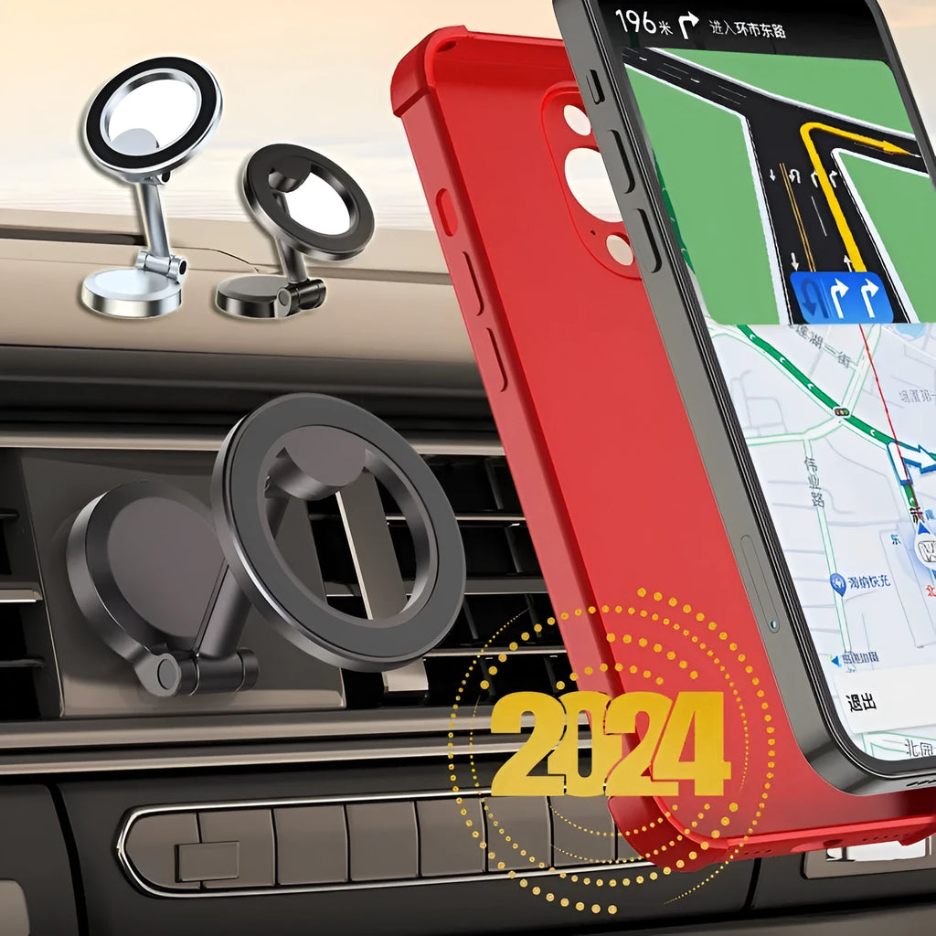 All-metal magnetic car phone mount in Qian colour on vehicle dashboard