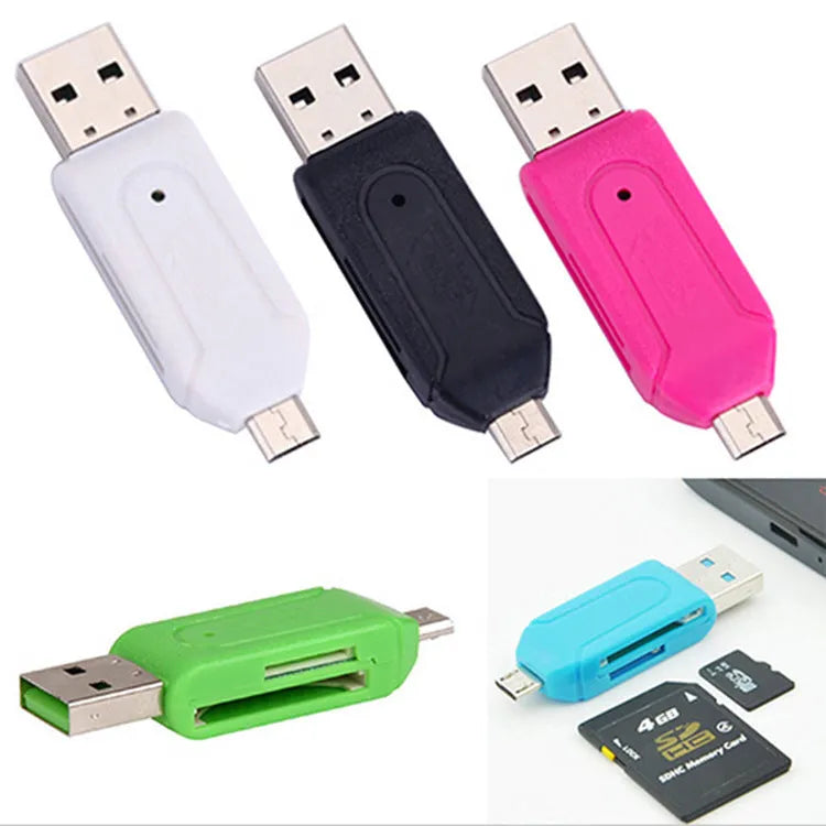 White OTG card reader with micro USB connector for Android phones and computers showing SD and TF card slots