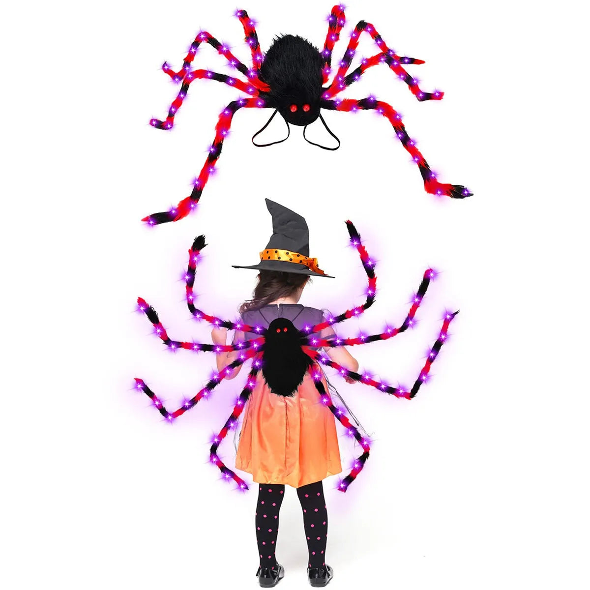 Halloween spider backpack with LED lighting in plush sugar bag design showing colour options