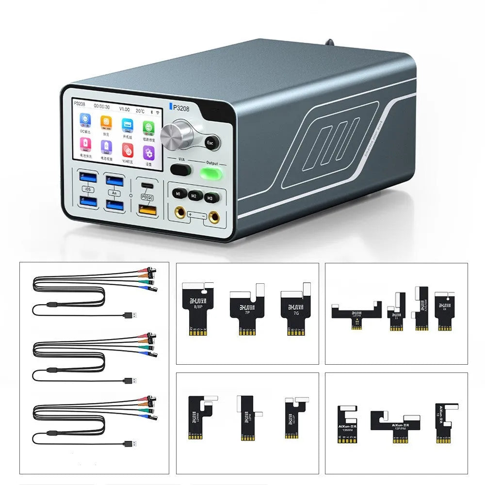 320W smart voltage regulator power meter with blue case and 3-inch IPS display on bench.
