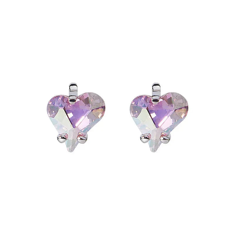 Heart-shaped copper stud earrings and necklace set in yellow or gradient pink purple electroplated finish