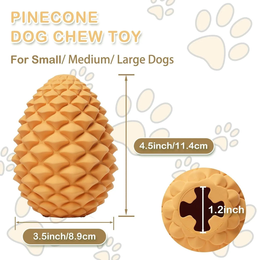 Yellow natural rubber pine cone-shaped dog toy with treat dispenser hole for medium and large dogs.
