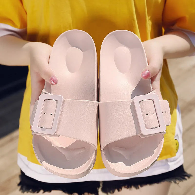 Women's grey blue buckle closure flip-flop slippers with soft EVA sole