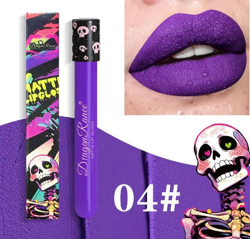 DR160 retro matte lip gloss tube for Halloween makeup in waterproof formula.