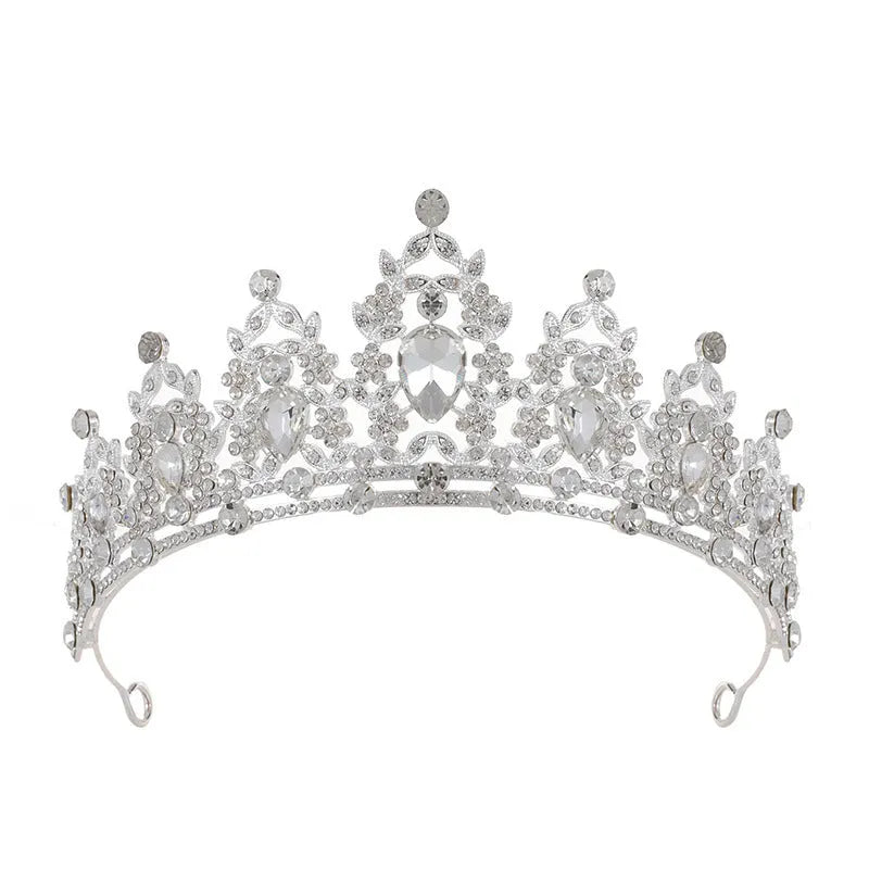 Alloy baroque bridal crown headdress with diamond treatment in a silver and white diamond colour.