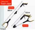 Foldable aluminium garbage pick-up clamp shown extended and collapsed, with magnetic sucker and coloured handle options.