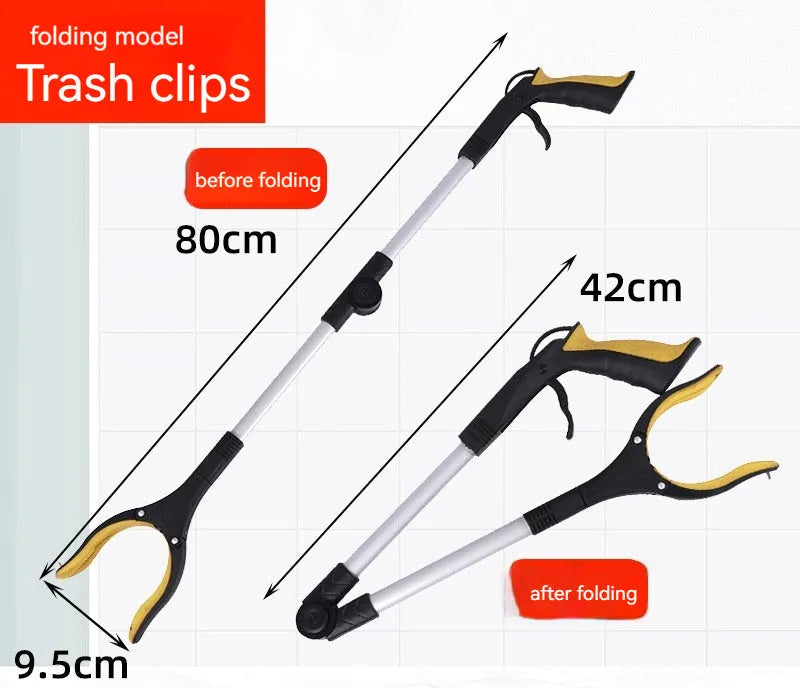 Foldable aluminium garbage pick-up clamp shown extended and collapsed, with magnetic sucker and coloured handle options.