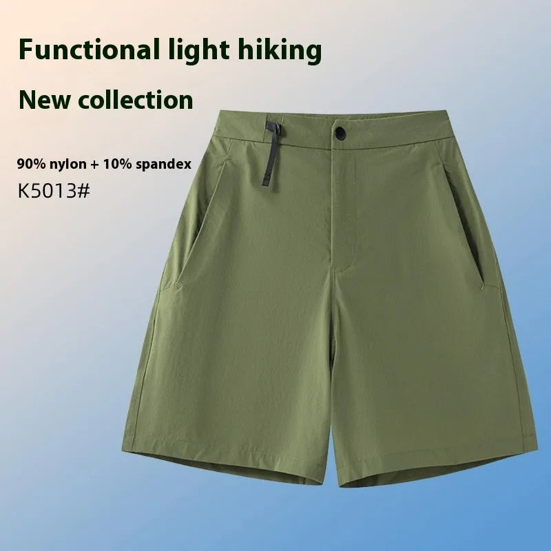 Men's Army Green quick-drying sports shorts with 3D cut and elastic sides for running and climbing.