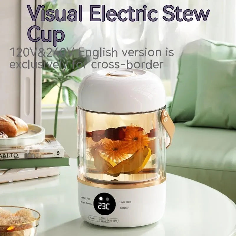 Compact white electric stew cooker with glass pot and digital display, shown with spoon.