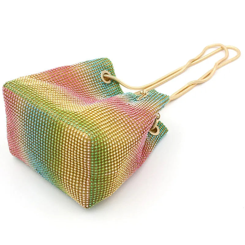Rainbow colour rhinestone bucket bag with full crystal diamond coverage and soft construction