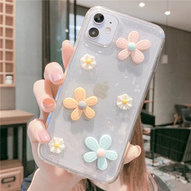 Soft rubber iPhone case with New Year's flowers decorative pattern showing front and back views