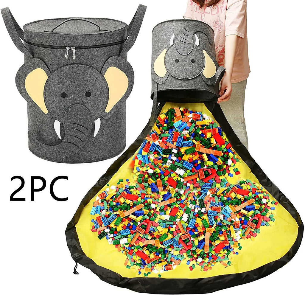 Green felt cube storage bag with pull rope that converts into a flat play mat for toys.