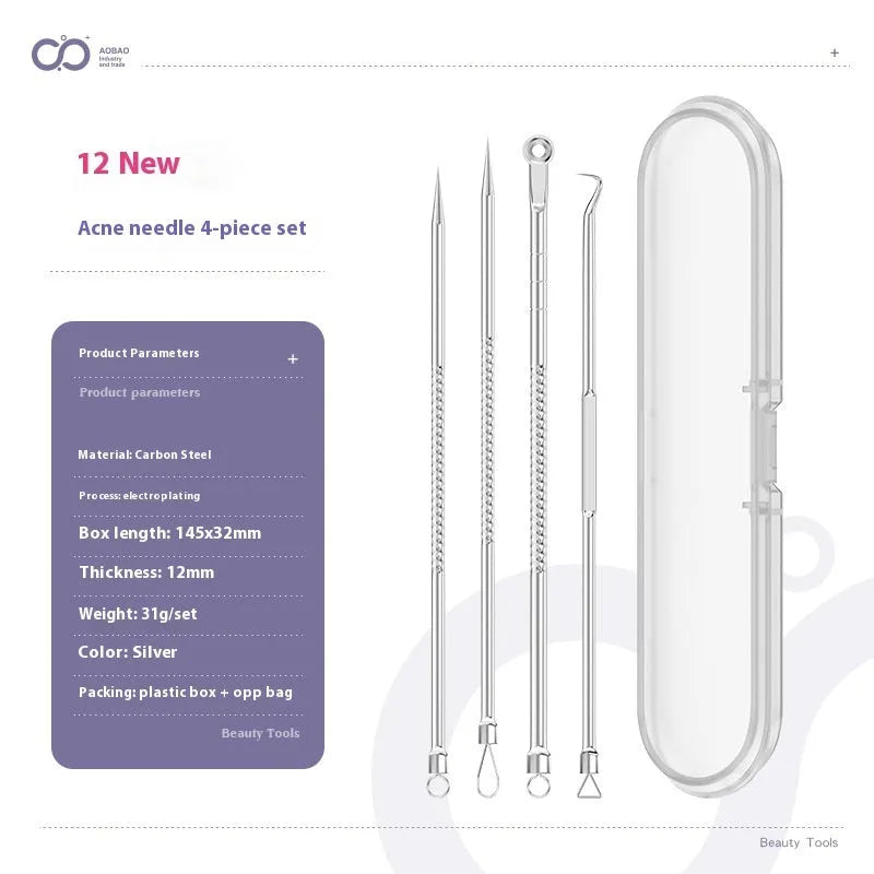 Four silver metal acne needles and a handling clip laid out on a clean surface.