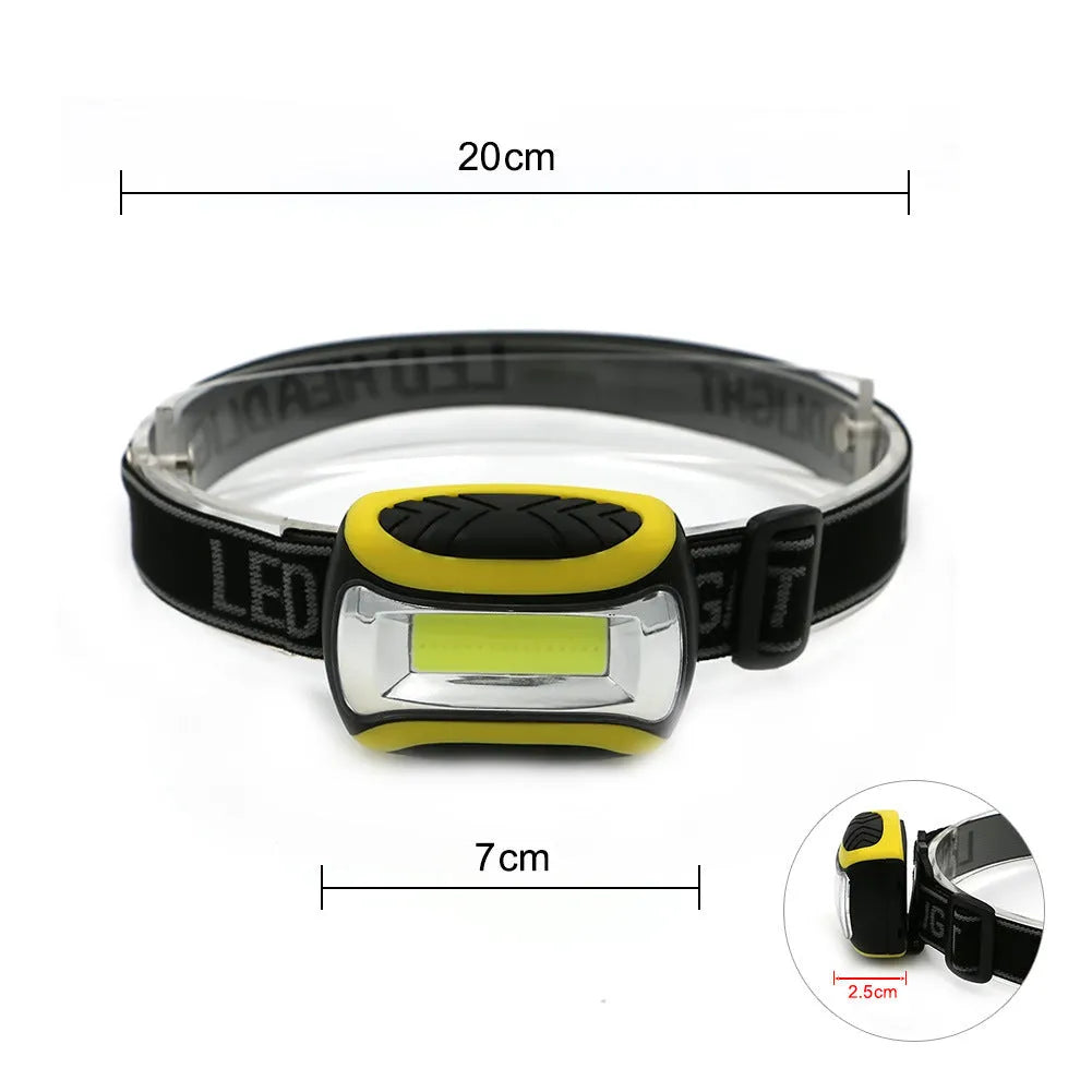 Yellow plastic headlamp with a central COB LED light, shown as a single unit for outdoor use.