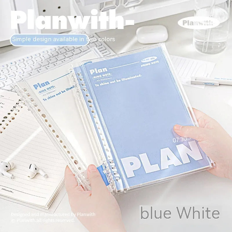 A5 PVC spiral notebook in white or blue colour showing dimensions of 148 x 210mm