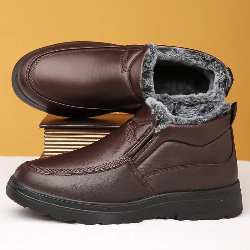 Men's black winter slip-on shoes with fleece lining and a non-slip rubber sole